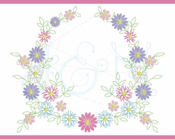 Wildflower Whimsy Floral Monogram Wreath Bean Stitch Outline Vintage Style Machine Embroidery Design