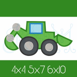 May include: Green and gray embroidered applique of a toy construction vehicle with a scoop. The applique is available in four sizes: 4x4, 5x7, 6x10 inches.