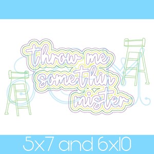 Op de afbeelding: Een digitaal ontwerp met de tekst "throw me somethin mister" in een kleurrijk, gelaagd lettertype. Twee groene contouren van een ladder op een platform zijn opgenomen in het ontwerp.
