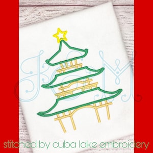 Christmas Tree Pagoda Chinoiserie Satin Border Stitch Vintage Style Machine Embroidery Design