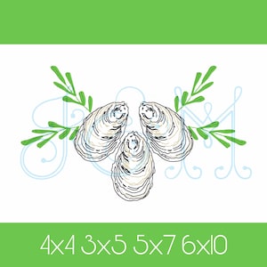 Puede incluir: Ilustración de tres ostras con contornos negros y detalles beige y dorados. Ramitas verdes y adornos en azul claro rodean las ostras. La imagen está sobre un fondo blanco con un borde verde y el texto "4x4 3x5 5x7 6x10".