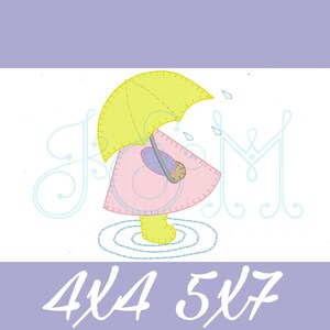 May include: A whimsical illustration of a person under a yellow umbrella in the rain. The person is wearing a pink dress and yellow boots, standing in a puddle. The image includes the text "4x4 5x7".