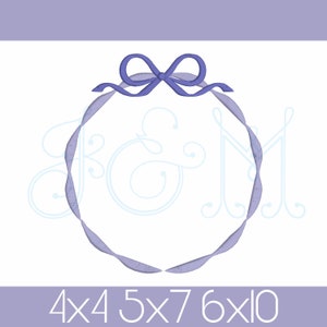 May include: A purple ribbon tied in a bow with a circle of purple ribbon around it. The letters "B & M" are in a light blue cursive font in the background.