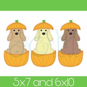 May include: Three embroidered images of dogs wearing pumpkin hats and sitting inside pumpkins. The dogs are brown, white, and tan. The text "5x7 and 6x10" is below the images.