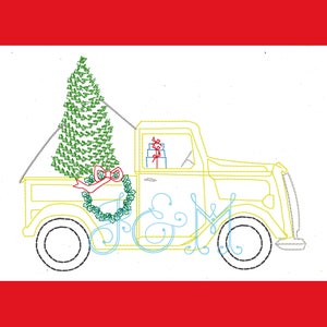 May include: A yellow vintage truck with a Christmas tree in the back, a wreath on the side, and presents in the cab. The truck has the text "J & M" on the side.