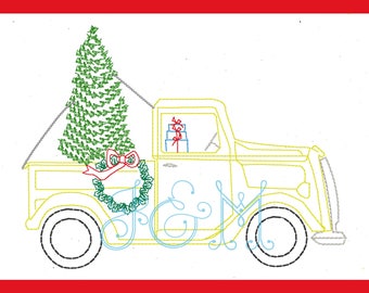Christmas Truck with Presents and Tree Vintage Style Stitch Machine Embroidery Design 4x4