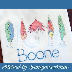 Fishing Lure Line of 5 in a Row Sketch Fill Bean Stitch Outline Vintage Style Machine Embroidery Design