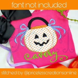Girly Halloween Pumpkin Trick or Treat Candy Bucket with Side Bows Zig Zag Stitch Applique Vintage Style Machine Embroidery Design