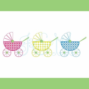 Pram Baby Carriage Stroller Trio Line of Three Sketch Fill Bean Stitch Outline  Vintage Style Stitch Machine Embroidery Design
