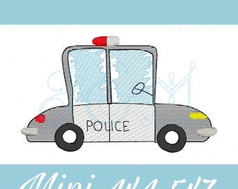 May include: A black and white cartoon police car with a red and white light on top. The car has a black stripe on the side and the word "POLICE" written on the side.