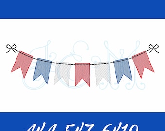 July Fourth Patriotic Bunting Flag Pennant Line Sketch Fill and Bean Stitch Outline Vintage Style Machine Embroidery Design