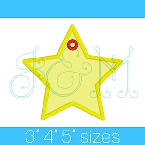 May include: Yellow star-shaped design with a red circle at the top. The star has a yellow outline and a lighter yellow fill. The text "3" 4" 5" sizes" is at the bottom of the image.