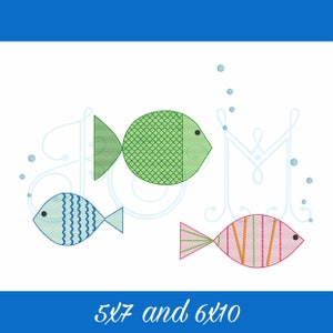 May include: A digital embroidery design featuring three stylized fish with the text "5x7 and 6x10". The fish are green, blue, and pink with white accents. The design is perfect for creating a fun and whimsical embroidery project.