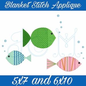 Deco Bubble Fish Trio Group of Three Blanket Stitch Sketch Bean Stitch Applique Vintage Style Machine Embroidery Design