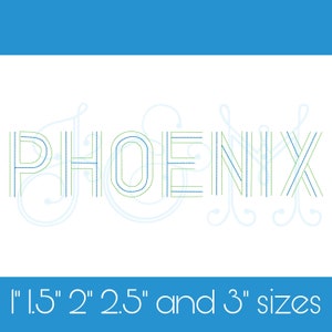 Può includere: La parola "PHOENIX" in un font stilizzato, con linee blu e verdi che formano le lettere. Il testo è su uno sfondo bianco con una barra blu in alto e il testo "1" 1.5" 2" 2.5" and 3" sizes" in basso.