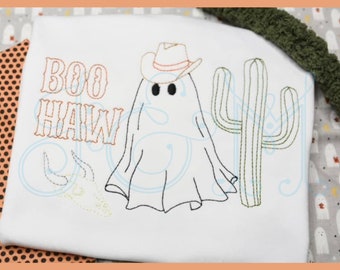 Cowboy Classic Ghost Boo Haw with Cactus and Cow Skull Halloween Spooky Season Bean Stitch Outline Vintage Style Machine Embroidery Design