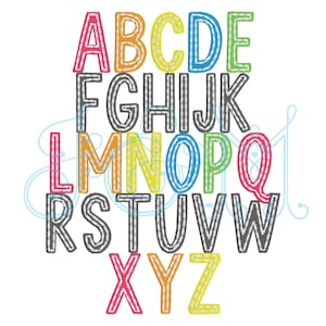 May include: A colorful alphabet design featuring letters A through Z. Each letter is outlined in black with a stitched effect and filled with vibrant colors like red, orange, yellow, blue, and green. The letters are displayed on a white background.