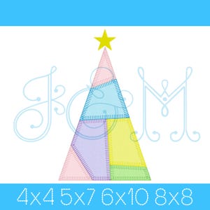 May include: A colorful, geometric Christmas tree design with a yellow star on top. The tree is composed of various pastel-colored triangles and rectangles, with a stitched border effect. The image includes the text "4x4 5x7 6x10 8x8".