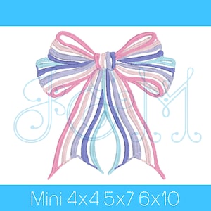 May include: A multi-colored bow with pink, purple, and blue stripes. The bow is tied in a knot and has long tails. The bow is a digital embroidery design available in sizes mini, 4x4, 5x7, 6x10.
