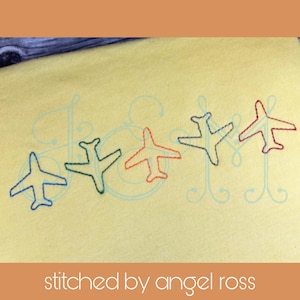 Simple Airplane Outline Line of 5 in a Row Quick Running Bean Stitch Vintage Style Machine Embroidery Design