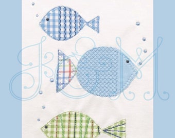 Deco Bubble Fish Stack Trio Group of Three Blanket Stitch Applique Vintage Style Machine Embroidery Design