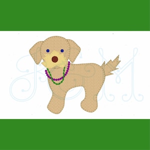 May include: A brown felt dog wearing a purple and green beaded necklace. The dog is standing on a white background with a green border.