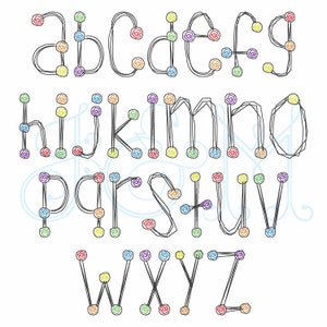 May include: An alphabet illustrated with black lines and colorful flower accents. Each letter is outlined in black and has a series of small, colorful flowers along the lines.