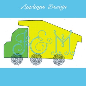 May include: Applique design for a truck with the letters J & M in blue on a yellow and green background.