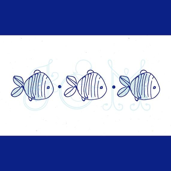 Doodle Fish Trio Line of Three in a Row Sketch Fill Bean Stitch Sketch Outline Vintage Style Machine Embroidery Design
