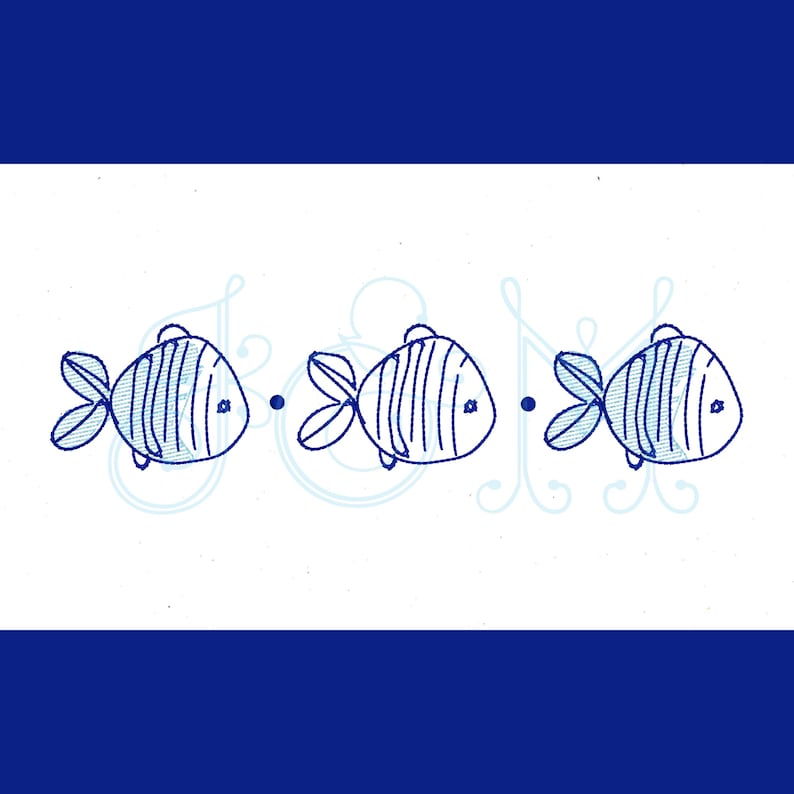 Peut inclure: Trois illustrations de poissons bleus et blancs &agrave; rayures avec un design simple. Les poissons sont tourn&eacute;s vers la droite et ont un seul &oelig;il. Les poissons sont s&eacute;par&eacute;s par de petits points noirs.