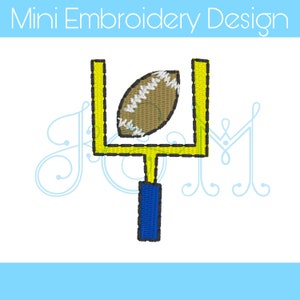 May include: A yellow and blue embroidery design of a football in a goal post. The football is brown with white stitching. The goal post is yellow with a blue base.