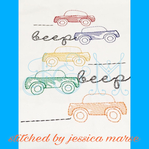 Beep Beep Car Vintage Stitch Sketch Line Embroidery Design