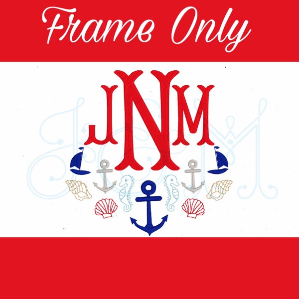 Nautical and Sea Ocean Creature Animal Monogram Frame Swash 3 Line Bean Stitch and Satin Stitch Vintage Style Machine Embroidery Design