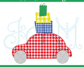 Christmas Contour Wheel Car with Presents Vintage Style Blsnket Stitch Free Motion Applique Machine Embroidery Design