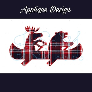 May include: Applique design of a moose and bear in a canoe, made from red and black plaid fabric.