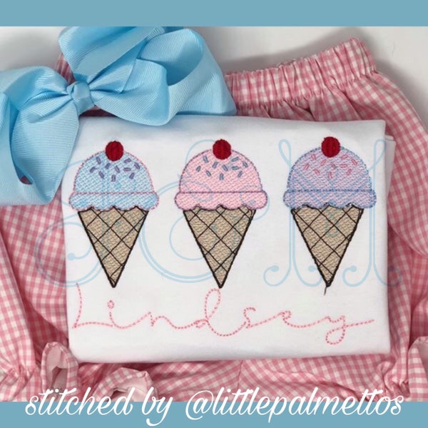 Ice Cream Cone with Sprinkles Trio Line of Three Row Vintage Stitch Bean Stitch Vintage Style Machine Embroidery Design