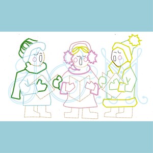 Christmas Caroler Kids Trio Vintage Stitch Sketch Outline Machine Embroidery Design