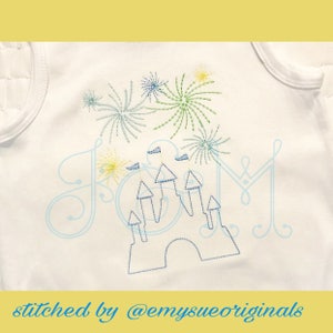 Royal Castle with Fireworks Bean Stitch Outline Quick Running Stitch Vintage Style Machine Embroidery Design
