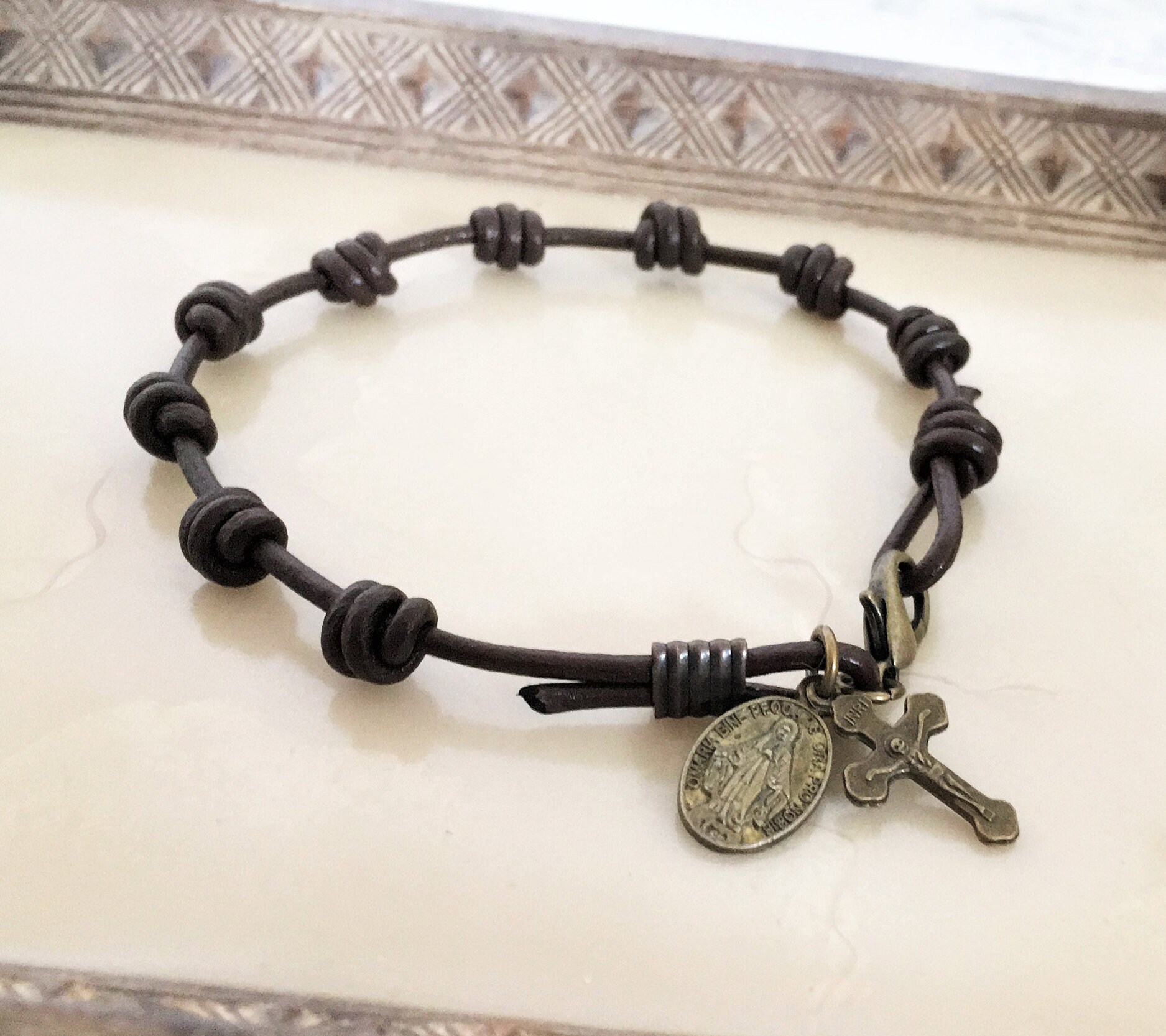 Knotted Leather Rosary Bracelet Etsy