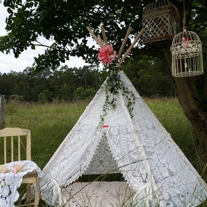 Teepee .Play Tent. Cream Lace Teepee handmade by Kittyandzac in Australia Ready to ship. Photography prop Birthday Cake smash image 1