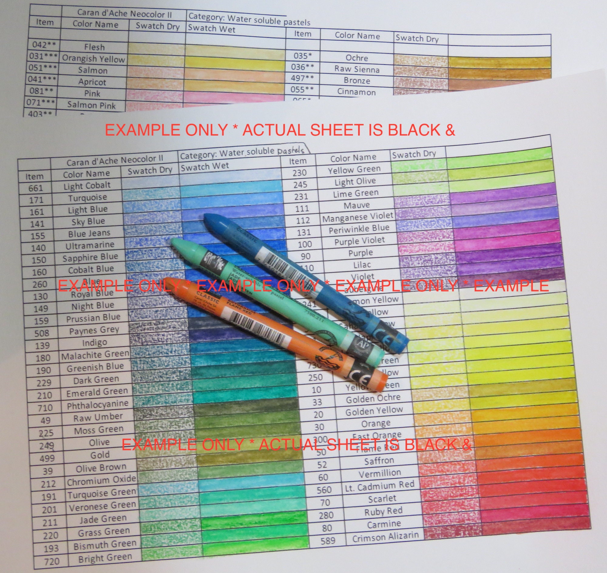 Caran d'Ache Neocolor II Swatch Sheet (126 Colors)- BLACK & WHITE Instant  Download File