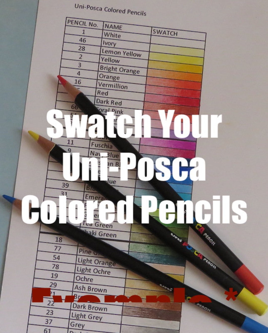 Swatch Sheet for Uni-posca Colored Pencils B&W Instant Download File -   Israel