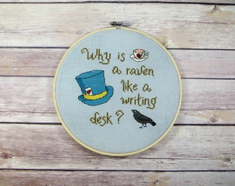 Alice in Wonderland Mad Hatter Cross-Stitch Pattern -- The Raven and the Writing Desk -- PDF Instant Download