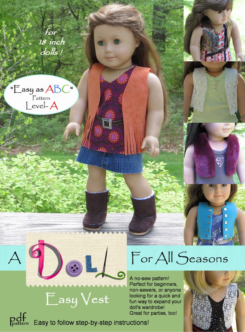 Easy Vest pdf pattern for 18 inch AG dolls, no-sew pattern, A Doll For All Seasons image 1