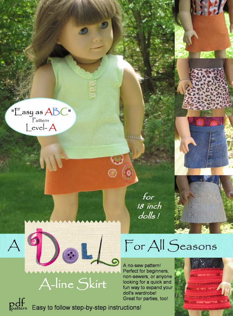 Easy Aline Skirt Pdf Pattern for 18 Inch AG Dolls, Nosew Pattern, A