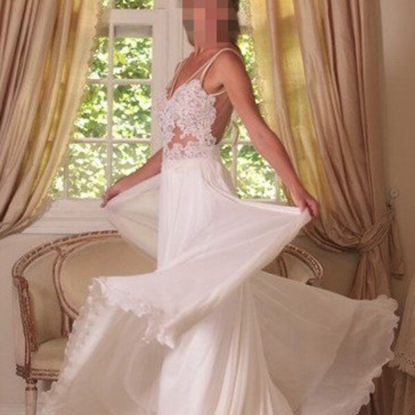 allure chiffon wedding dress V neck and V back shape lace applique