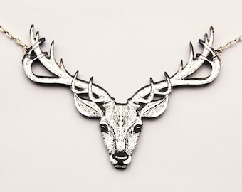 Intricately Engraved Stag's Head Necklace in Mirrored Acrylic