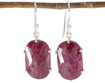 NATURAL Ruby Sterling Silver Earring ,, Handmade 925 Setting 3.50inch long hanging wire earring