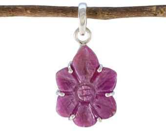 NATURAL RUBY CARVED Sterling Silver pendant , Handmade 925 Setting  3" inch long