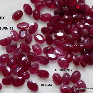 May include: A pile of oval-shaped, red ruby gemstones. The gemstones are loose and have a polished finish. The text "GEMSONLY" appears twice in the image, along with the text "RUBY BURMIES" and "BURMA".